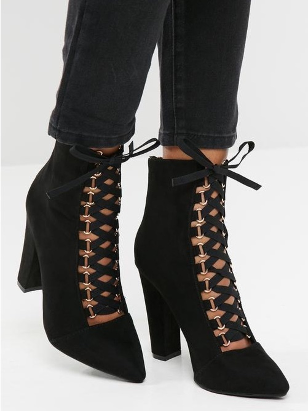 Black Lace-Up Pointed Toe Block Heel Ankle Boots